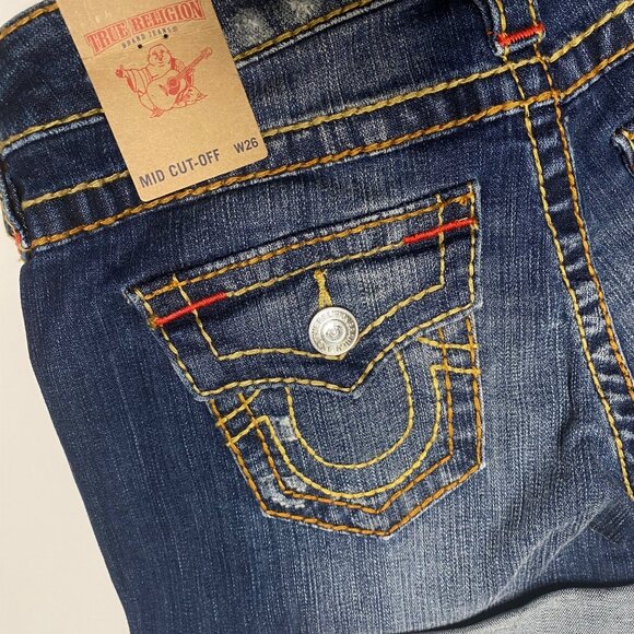 size 26 NEW True Religion mid rise cut off flap pocket OM Big T denim shorts $22 - Picture 8 of 10